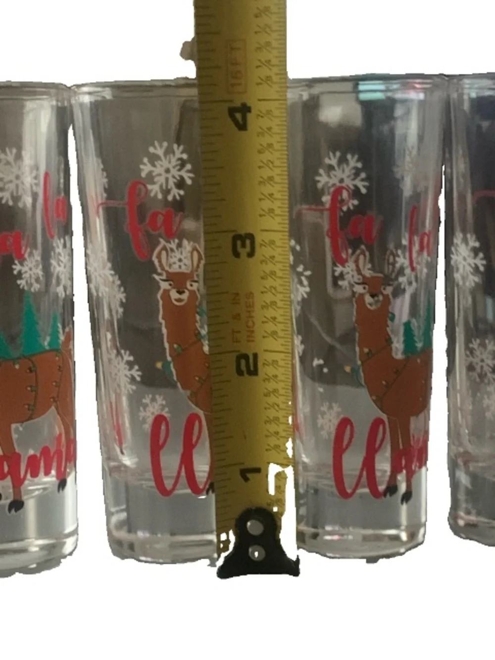 Pre Owned Vintage Fa La La llama Set Lot of 4 Shot Glass Shotglass MCM Holiday